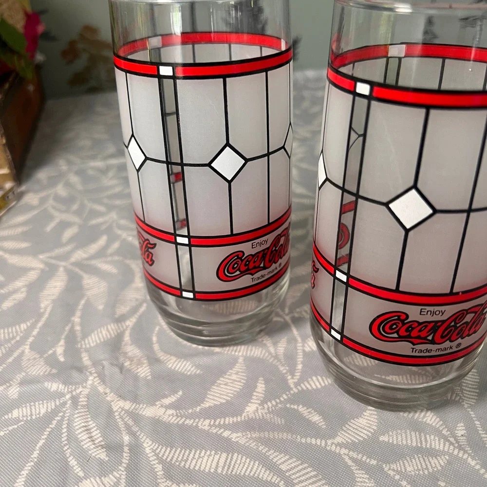 Vtg Coca-Cola Stained Glass Style Drinking Glasses Set of 2 Frosted Red White